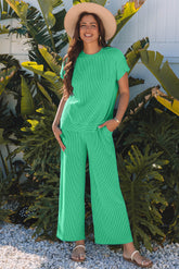 Luxury Solid Corded Knit Short Sleeve T Shirt and Wide Leg Pants Set