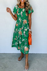 Luxury Floral Print Bubble Sleeve Smocked Tiered Midi Dress