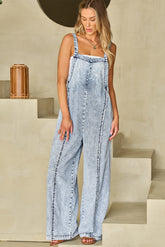 Luxury Light Wash Frayed Exposed Seam Wide Leg Denim Overall