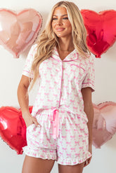 Luxury Bowknot Printed Short Sleeve and Ruffled Shorts Pajama Set