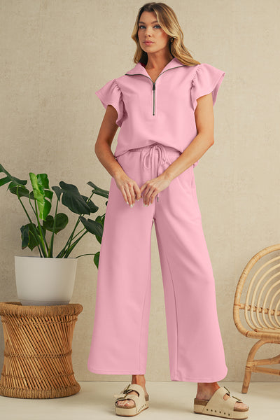 Luxury Pink Textured Ruffle Sleeve Zipped Top and Wide Leg